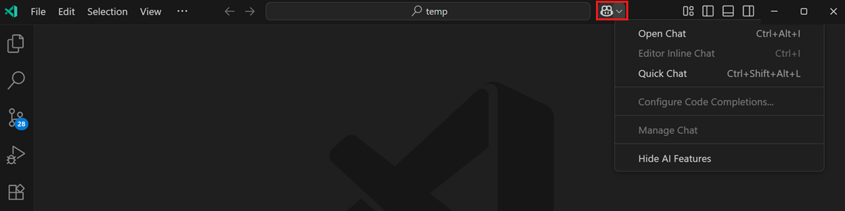 Screenshot that shows the Copilot menu in the VS Code title bar, with the option to hide AI features.