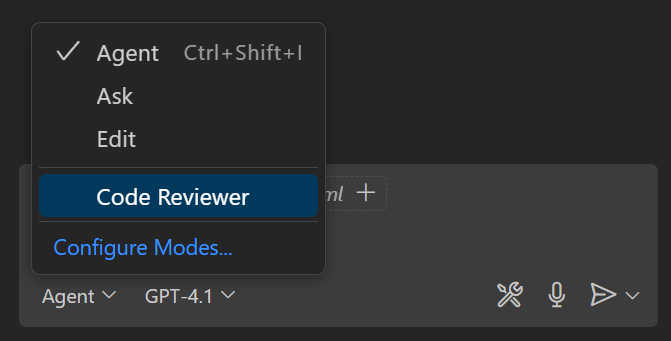 Screenshot showing the Code Reviewer custom mode in the chat mode dropdown.