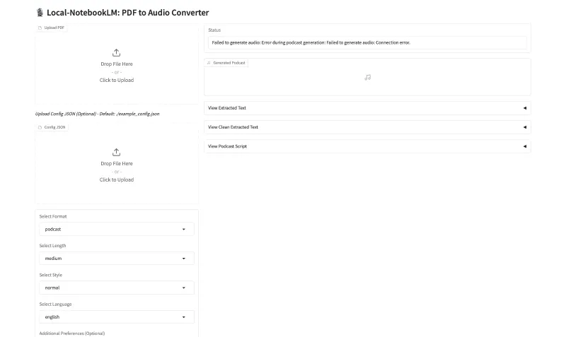 Local-NotebookLM:开源本地部署的PDF转音频工具,支持多 LLM 与 TTS 模型集成 Local-NotebookLM:开源本地部署的PDF转音频工具,支持多 LLM 与 TTS 模型集成