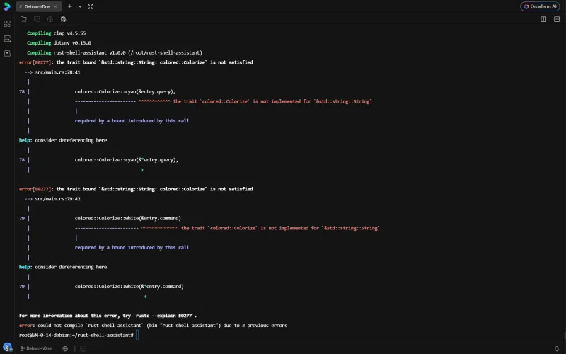 编译器类型错误截图，提示 String 类型未实现 Colorize trait
