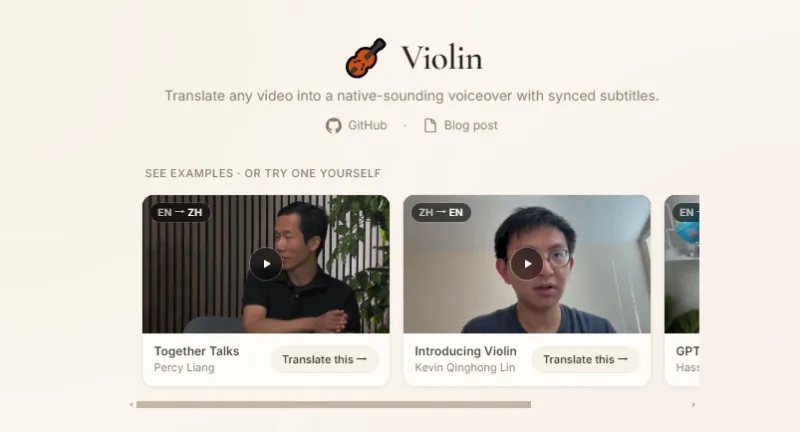 Violin:开源全自动 AI 视频翻译工具,一键完成多语种配音与字幕制作 Violin:开源全自动 AI 视频翻译工具,一键完成多语种配音与字幕制作