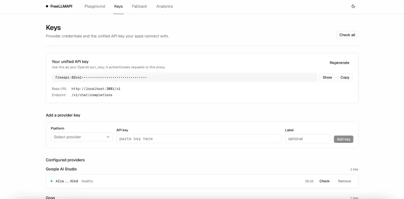 FreeLLMAPI:开源免费大模型聚合代理,统一接口调度多平台AI资源 FreeLLMAPI:开源免费大模型聚合代理,统一接口调度多平台AI资源